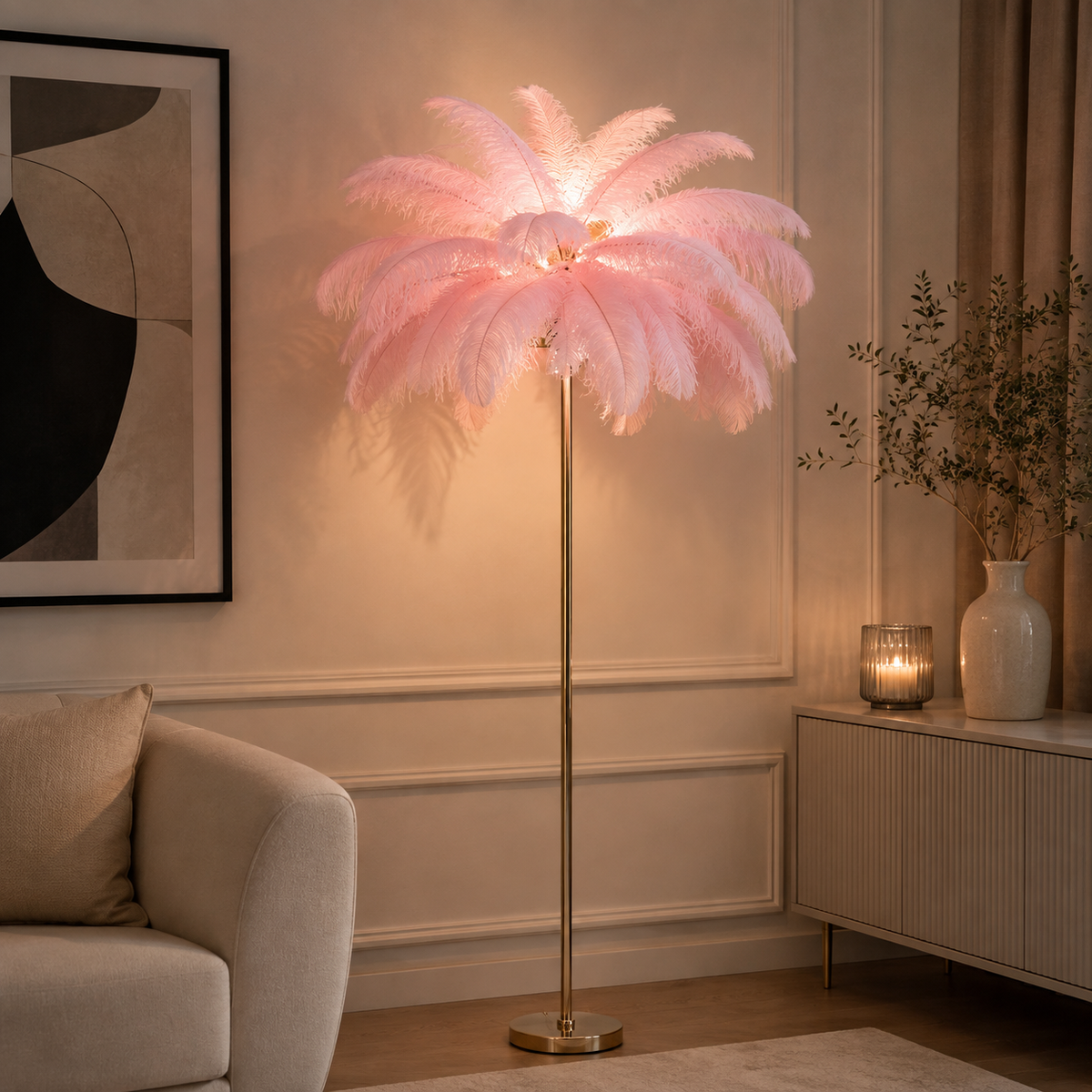 Lampada da Terra Palm L con Paralume in Piume Ø55 x H160 cm