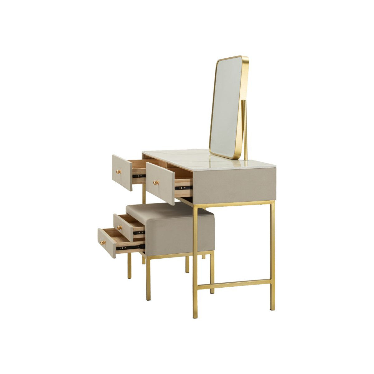Toeletta Luxury 120 cm con Specchio e Sgabello Beige e Oro con Piano Effetto Marmo