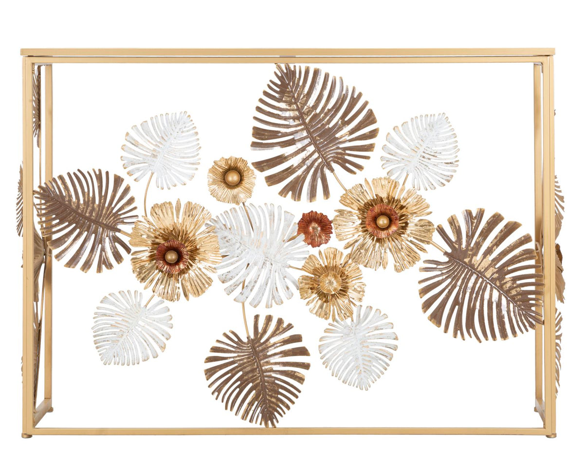 Consolle Glam Floris Oro 113x40x80 cm con Piano a Specchio Design Floreale
