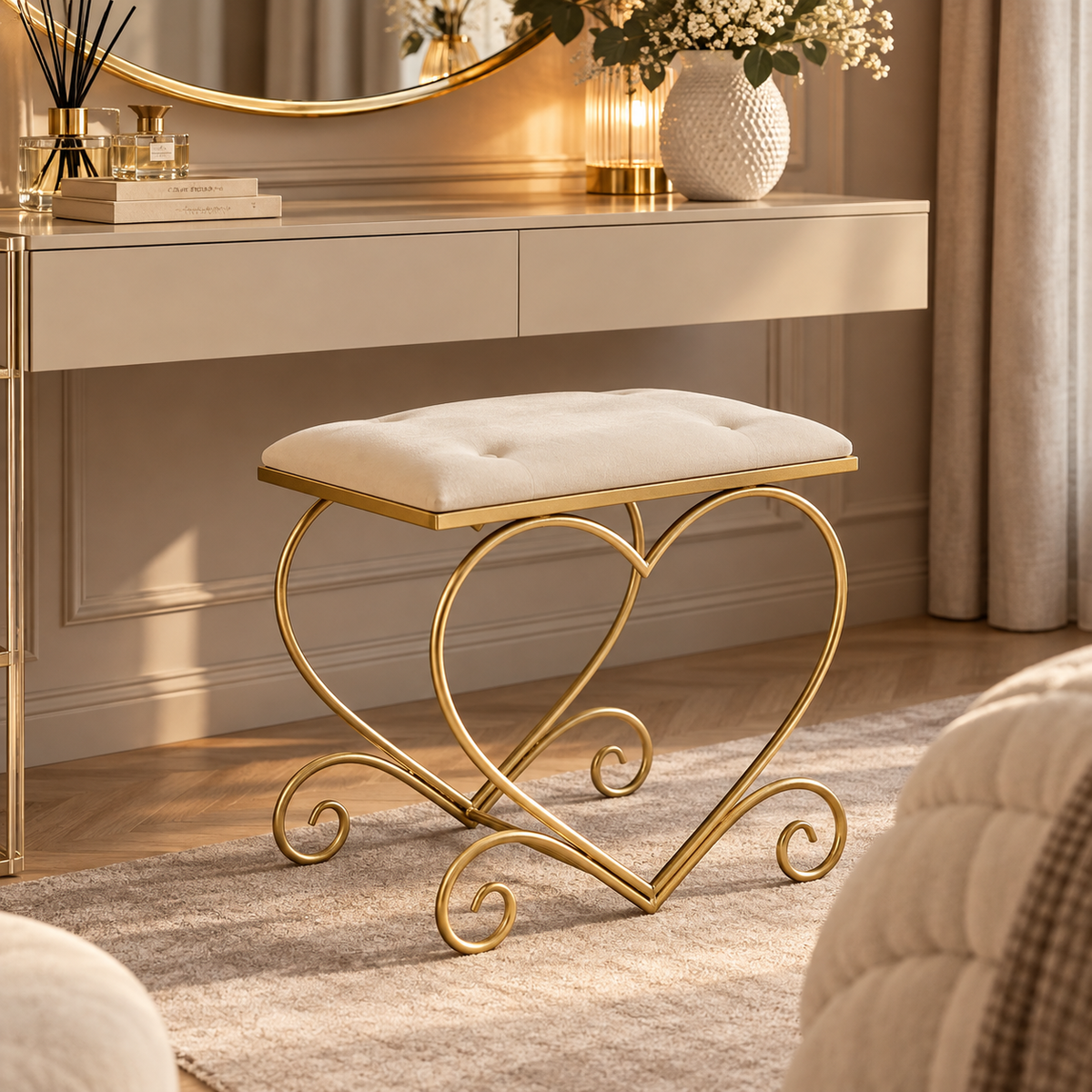 Sgabello Heart Crema 50x37,5x51,5 cm con Struttura Dorata