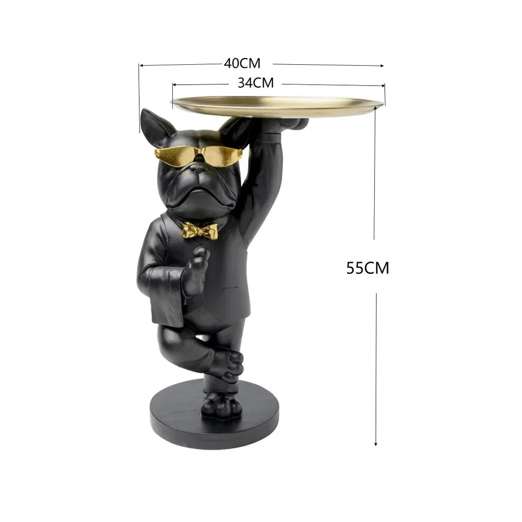 Tavolino Decorativo Cool Bulldog Tray Nero e Oro con Vassoio Design Moderno