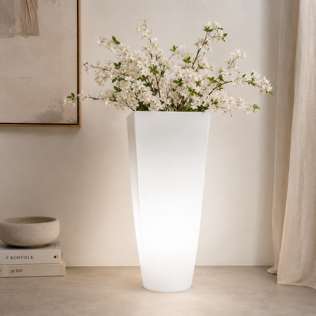 Vaso Tondo Light Stilo Round Bright in Resina con Luce Bianca D33 x H70 cm