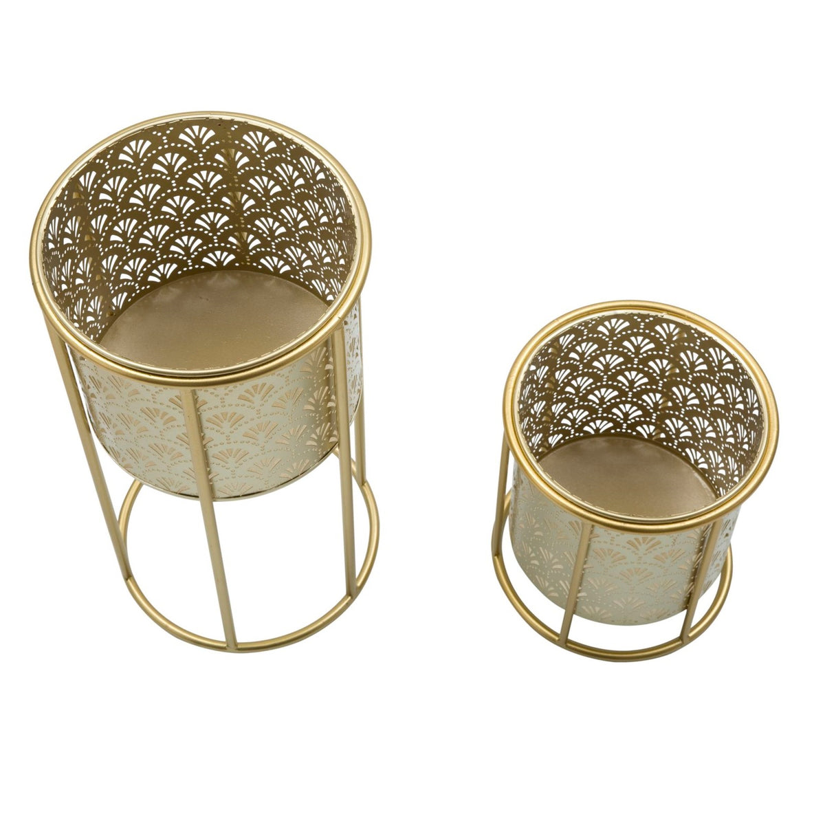 Set 2 Portavasi Dorati in Metallo Intagliato Ø21 e Ø19 cm con Piedistallo