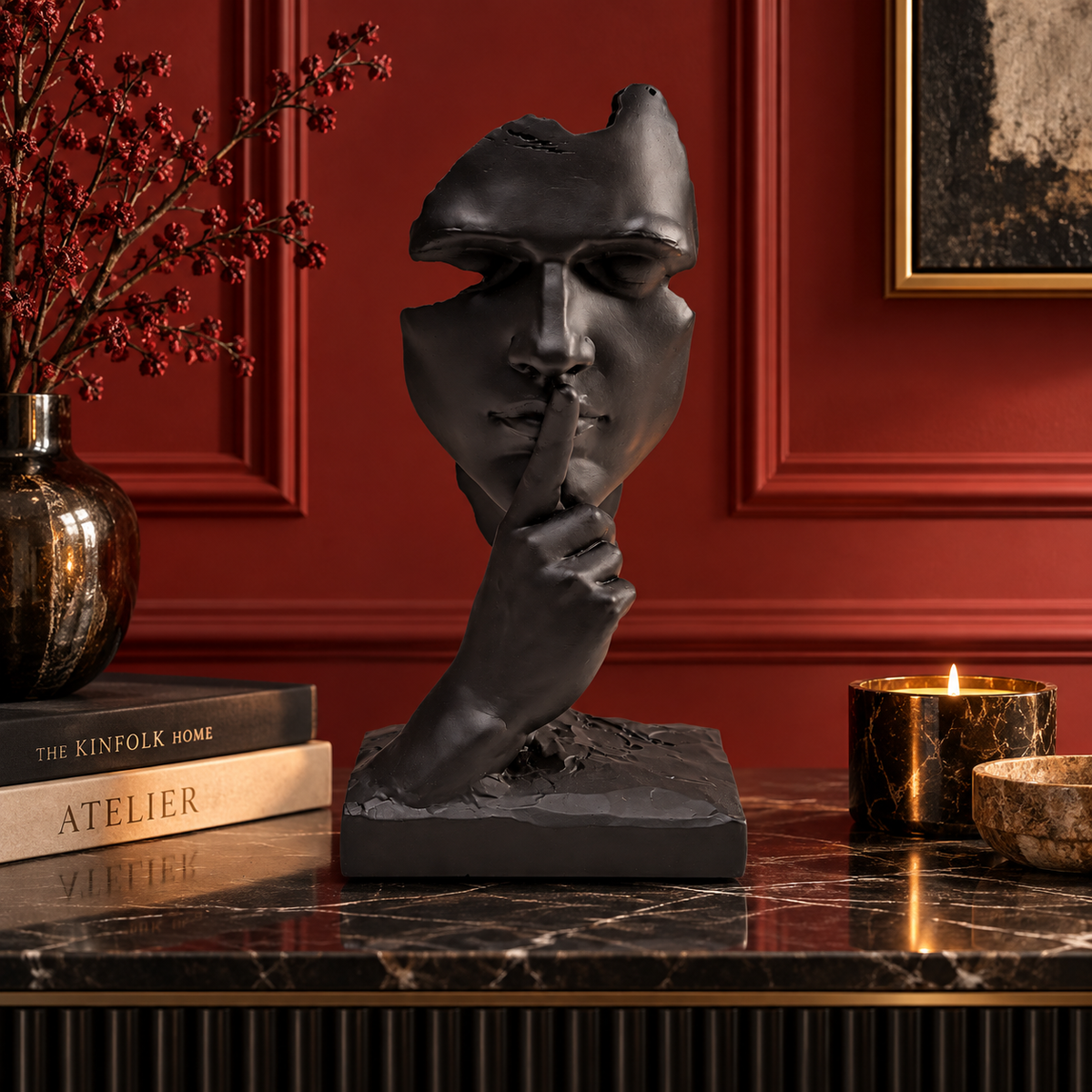 Oggetto Statua Decorativo Quiet Face Volto Silenzioso Nero 31cm