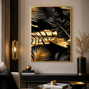 Quadro Decorativo Foglie Tropicali Oro e Nero con Cornice Oro 50 x 70 cm F1001 C/R