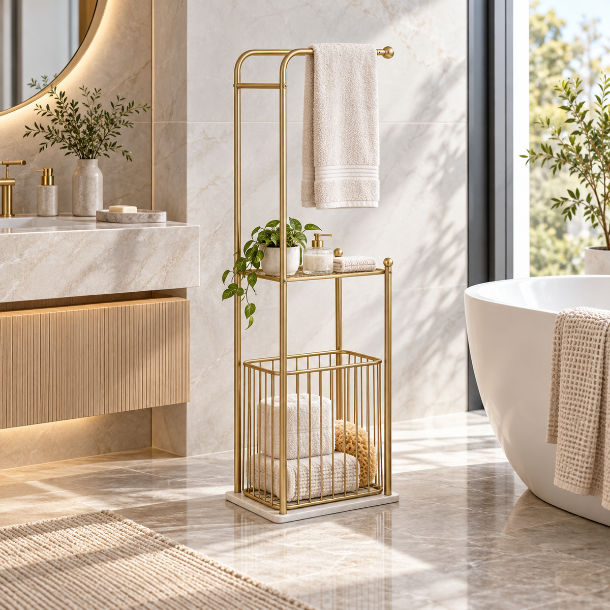 Portasciugamani da Terra Root 40x30x122 cm Oro con Cestello