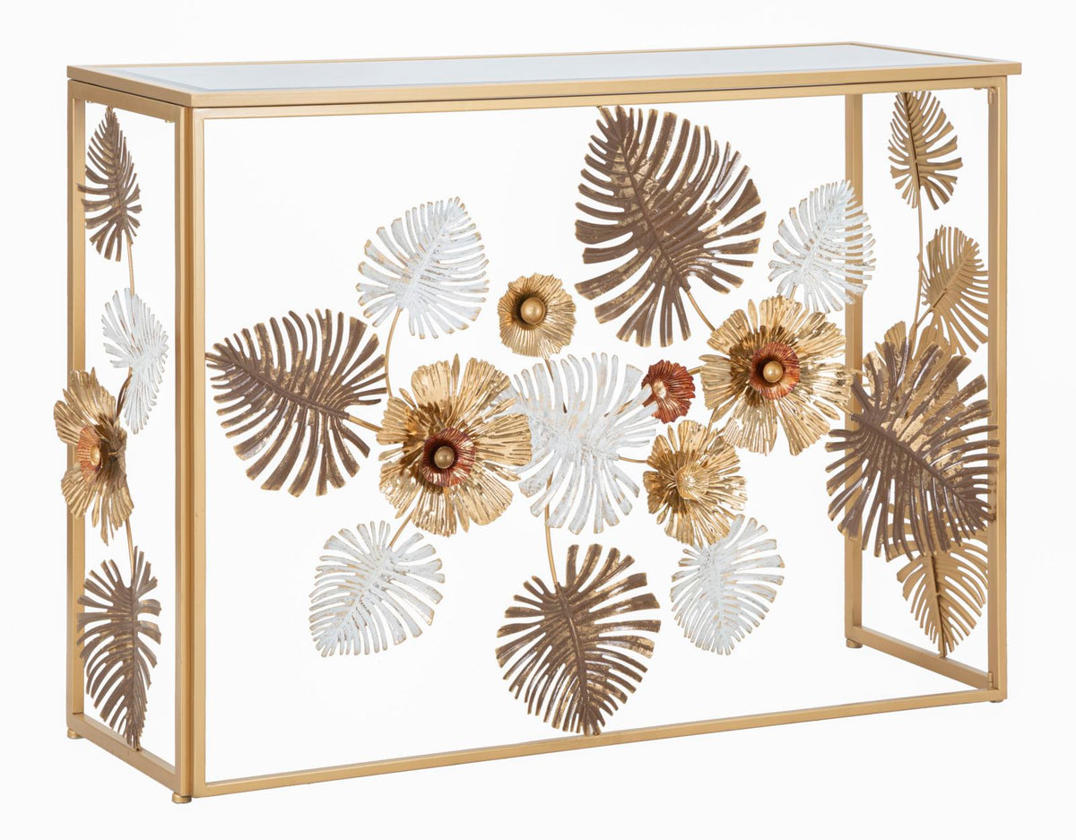 Consolle Glam Floris Oro 113x40x80 cm con Piano a Specchio Design Floreale