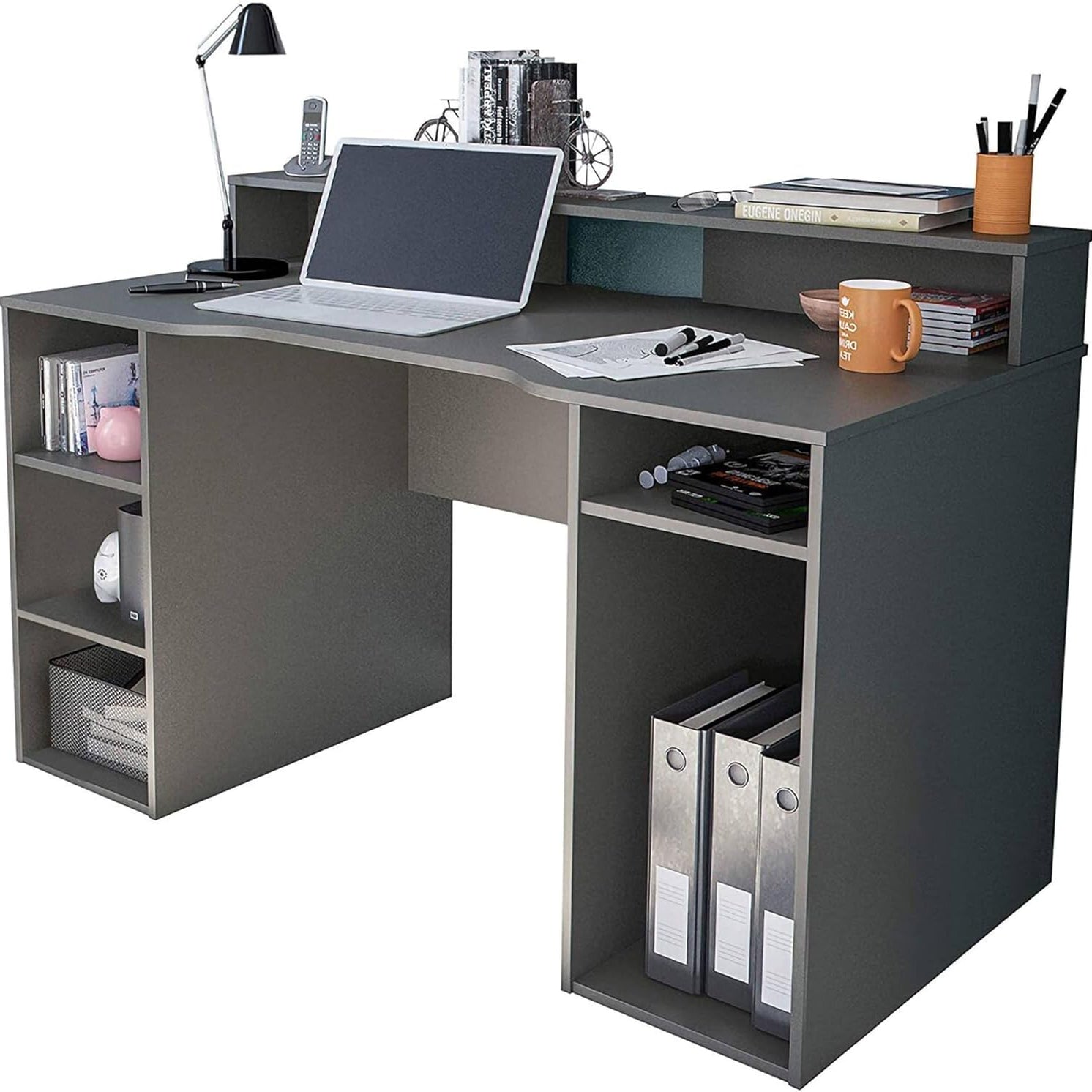 Scrivania PC 136x67x88H Antracite con Ripiani Laterali e Passacavi