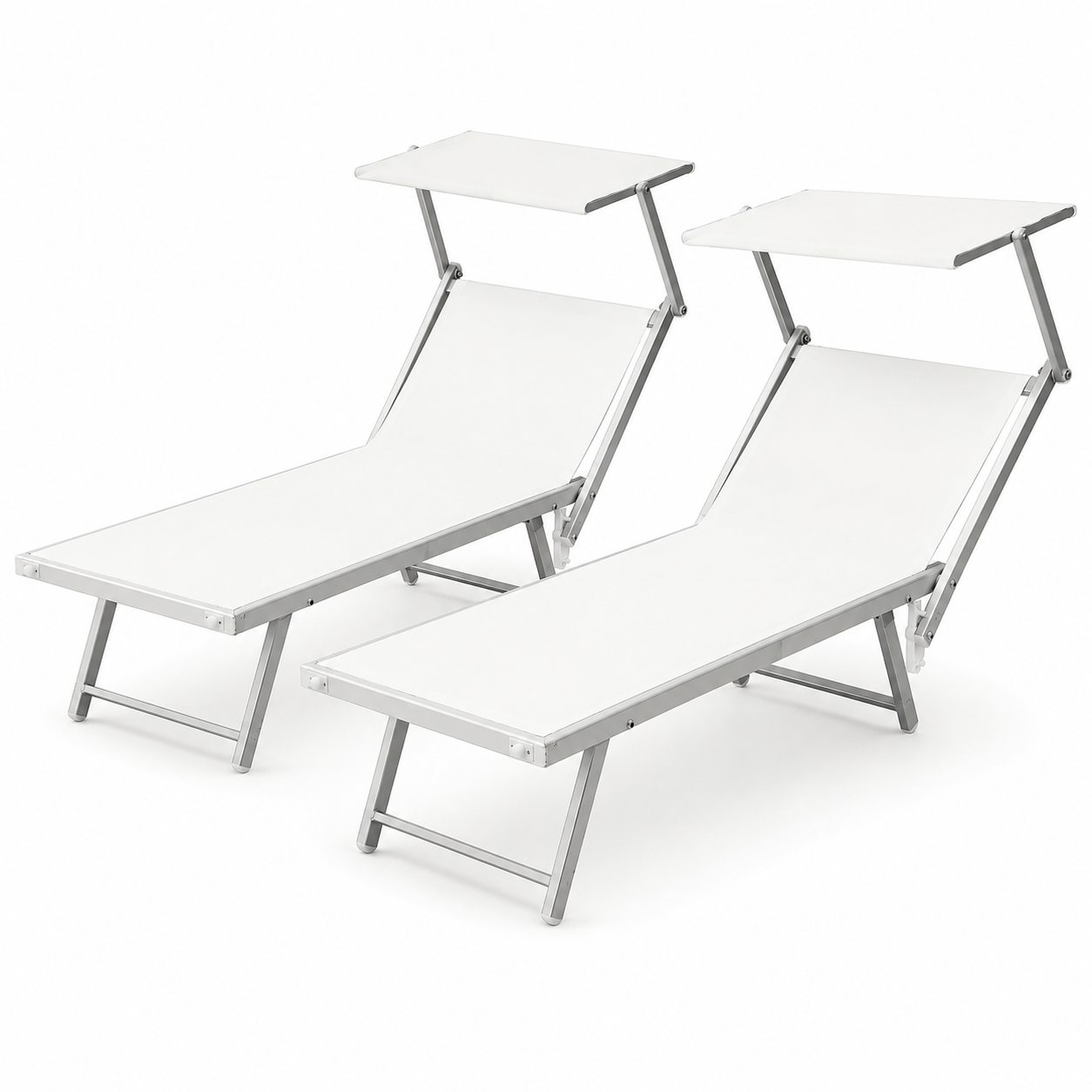 Set 2 Lettini Prendisole Playa in Alluminio con Parasole Bianco 186x70x40 cm