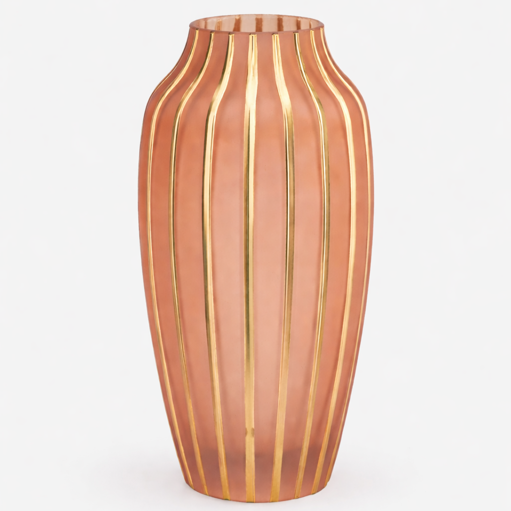 Vaso Rosa Cipria con Dettagli Righe Oro In Vetro 15x30cm