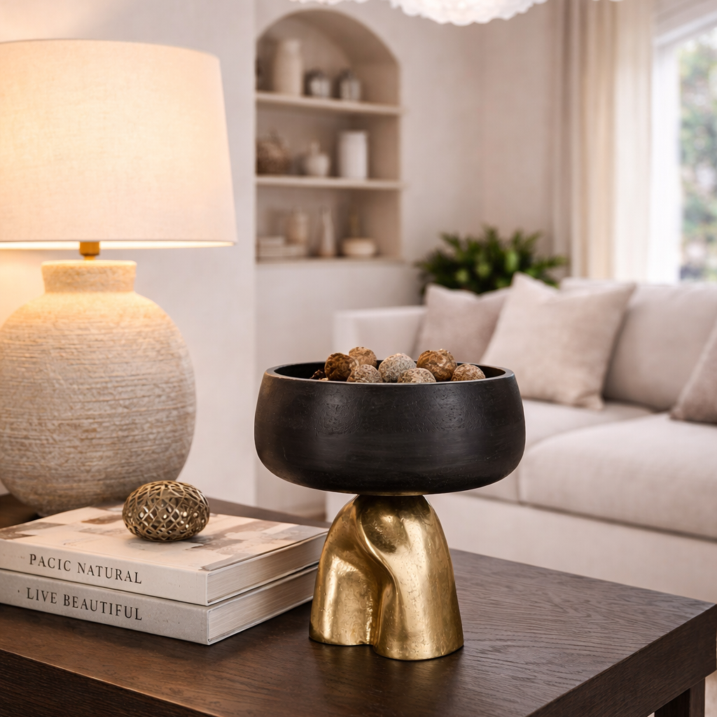 Alzata Centrotavola Nero con Base Scultorea Oro In Alluminio 20x20x24 CM