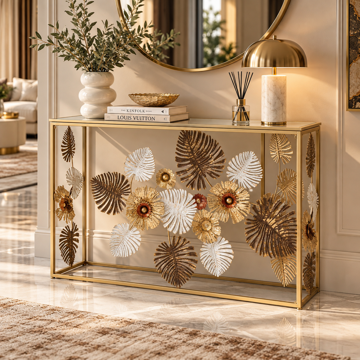 Consolle Glam Floris Oro 113x40x80 cm con Piano a Specchio Design Floreale