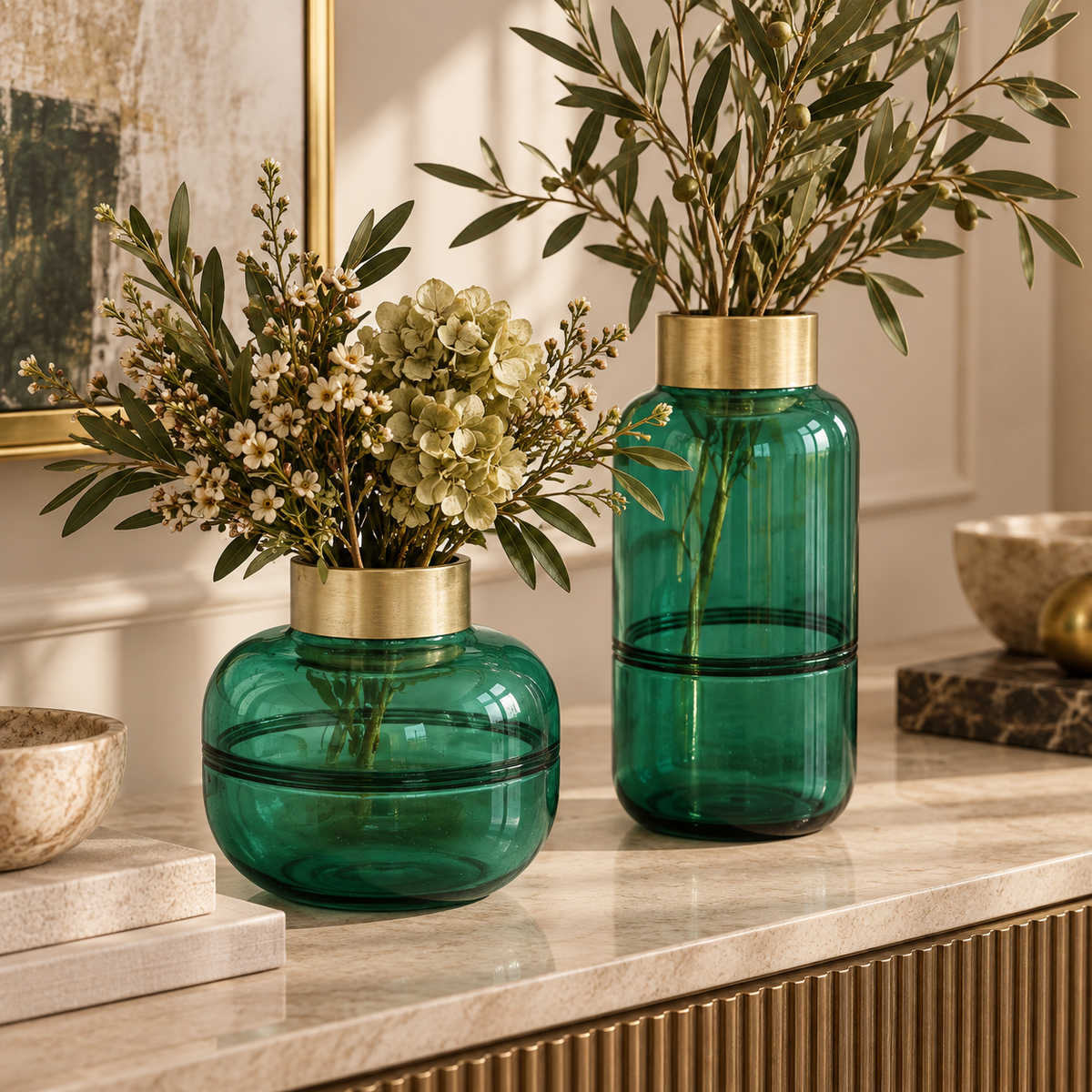 Vaso Decorativo Positano Belly Verde in Vetro con Bordo Oro
