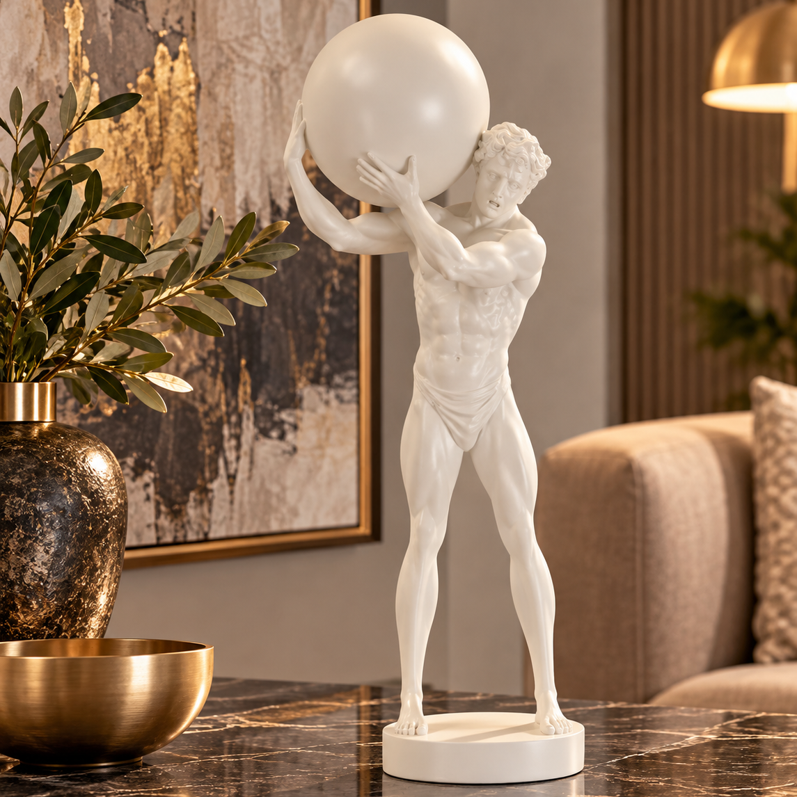Statuetta Atlas Bianca 18x12,5x50 cm Scultura Uomo con Sfera in Poliresina