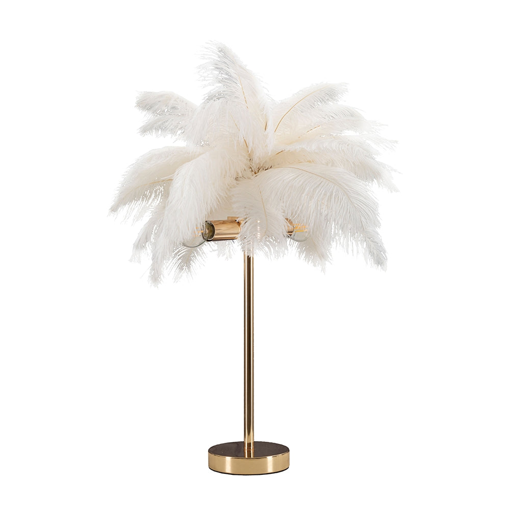 Lampada da Tavolo Palm Bianca Ø40x55 cm con Piume e Struttura Dorata