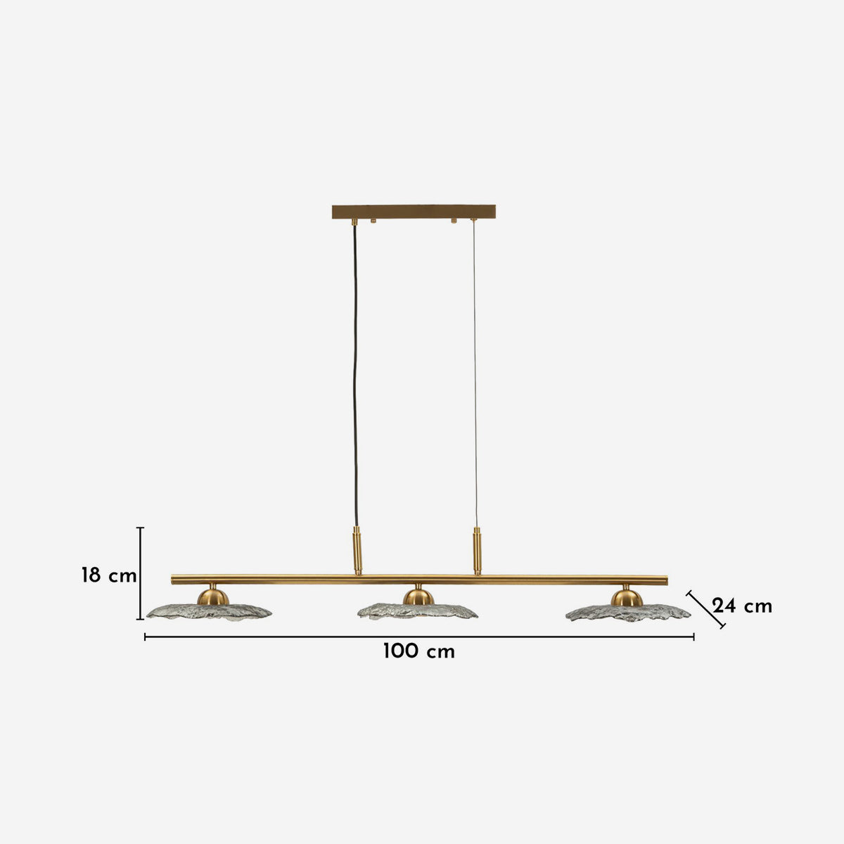 Lampadario Emily 3 Luci in Vetro Grigio Fumé e Metallo Dorato 100x24x18 cm