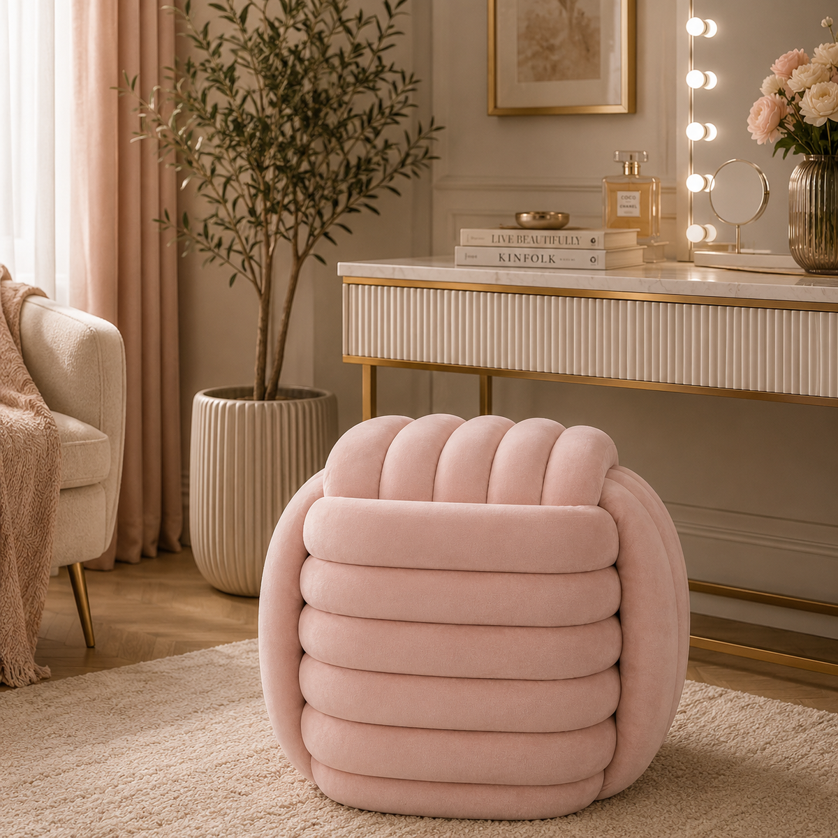 Pouf Annodato in Velluto Rosa 45 x 45 cm Seduta Decorativa Morbida