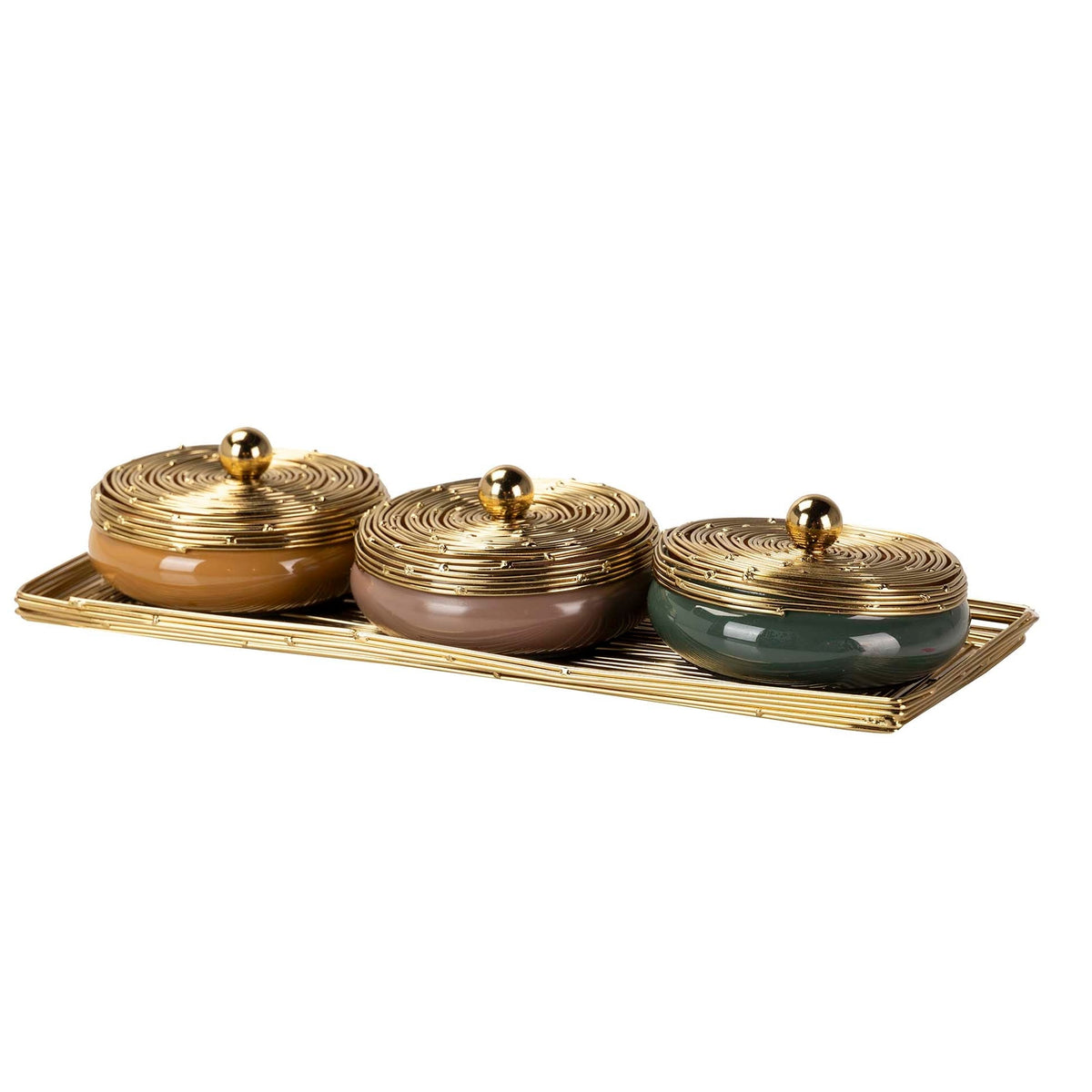 Set 3 Scatole Ciotole Decorative con Vassoio Oro 34 x 13 x 7 cm