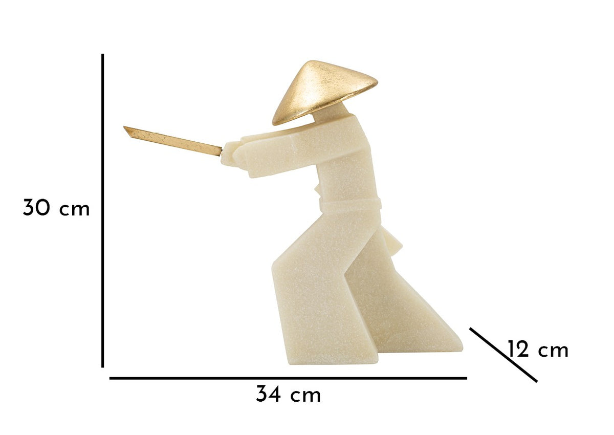 Scultura Samurai Toku Quarzy A Bianca e Oro 34 x 30 cm