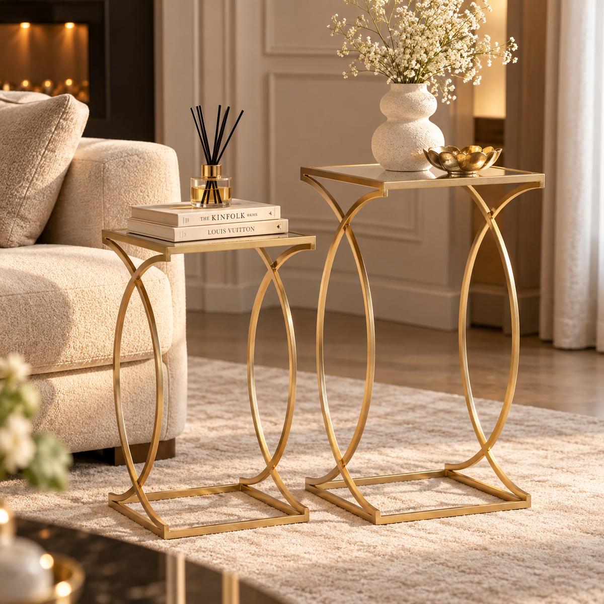 Set 2 Tavolini Siomply in Metallo e Specchio 35x35x70 e 30x30x60 cm
