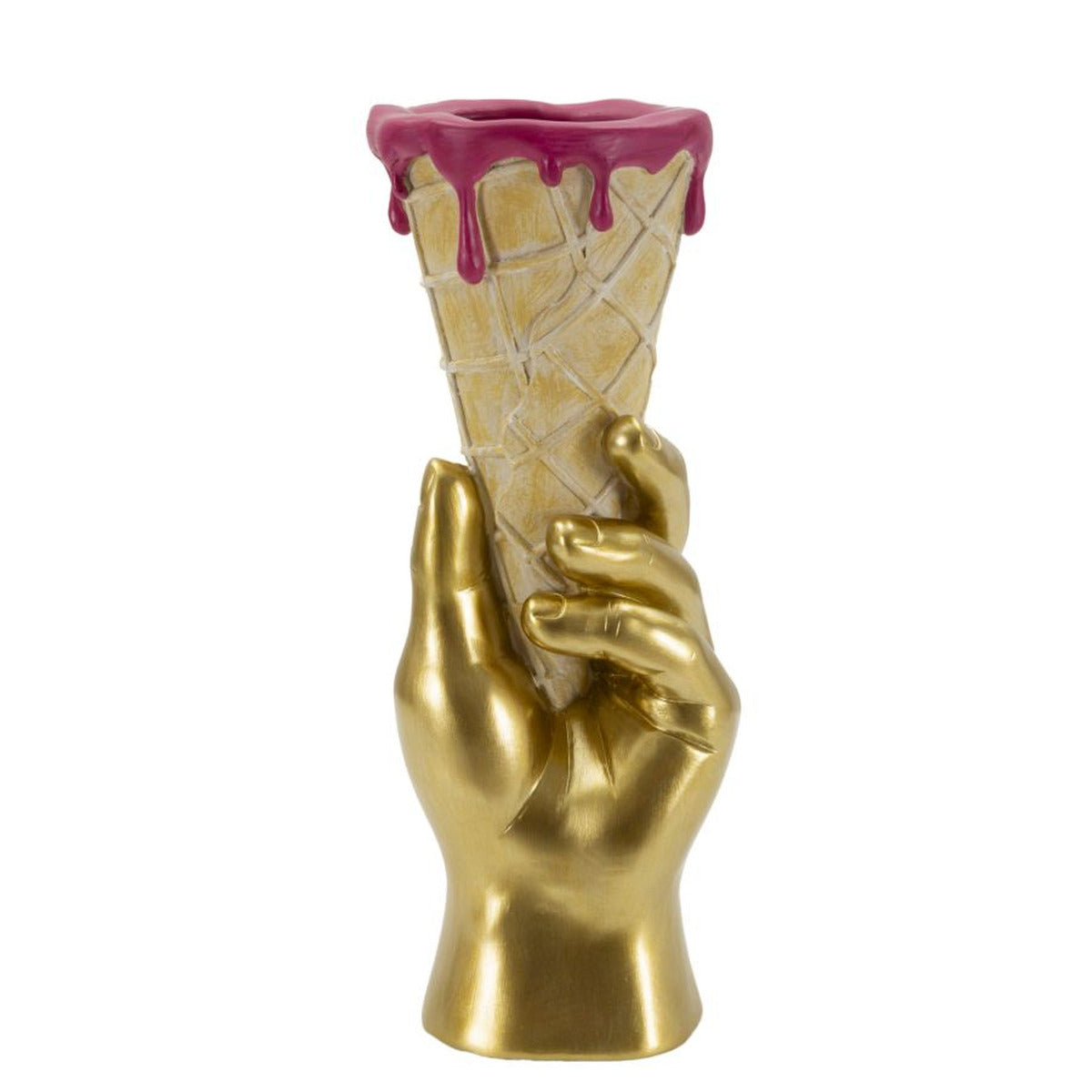 Vaso Decorativo Mano con Cono Gelato in Poliresina Oro e Rosa 31 cm