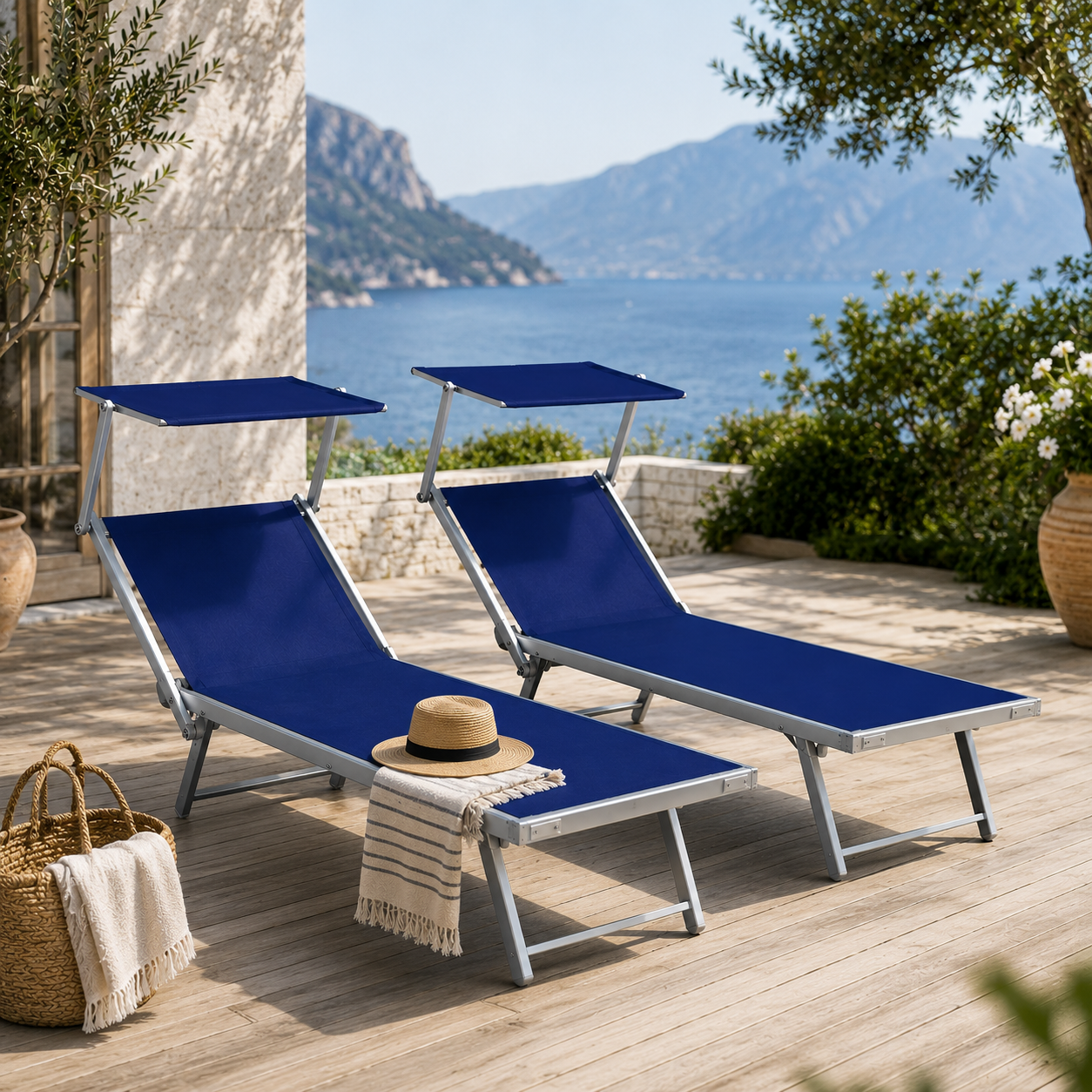 Lettino Prendisole Playa in Alluminio con Parasole Blu Set 2 Pezzi 186x70 cm