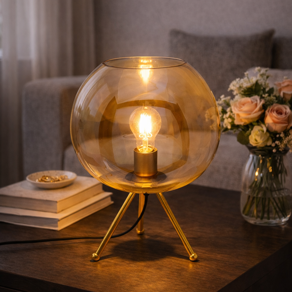 Lampada da Tavolo Sphere Sfera in Vetro Ambra con Base in Metallo Oro
