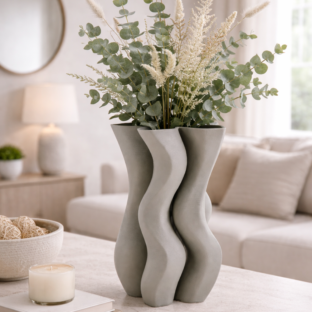 Vaso Decorativo con Linee Ondulate Grigio H 33cm