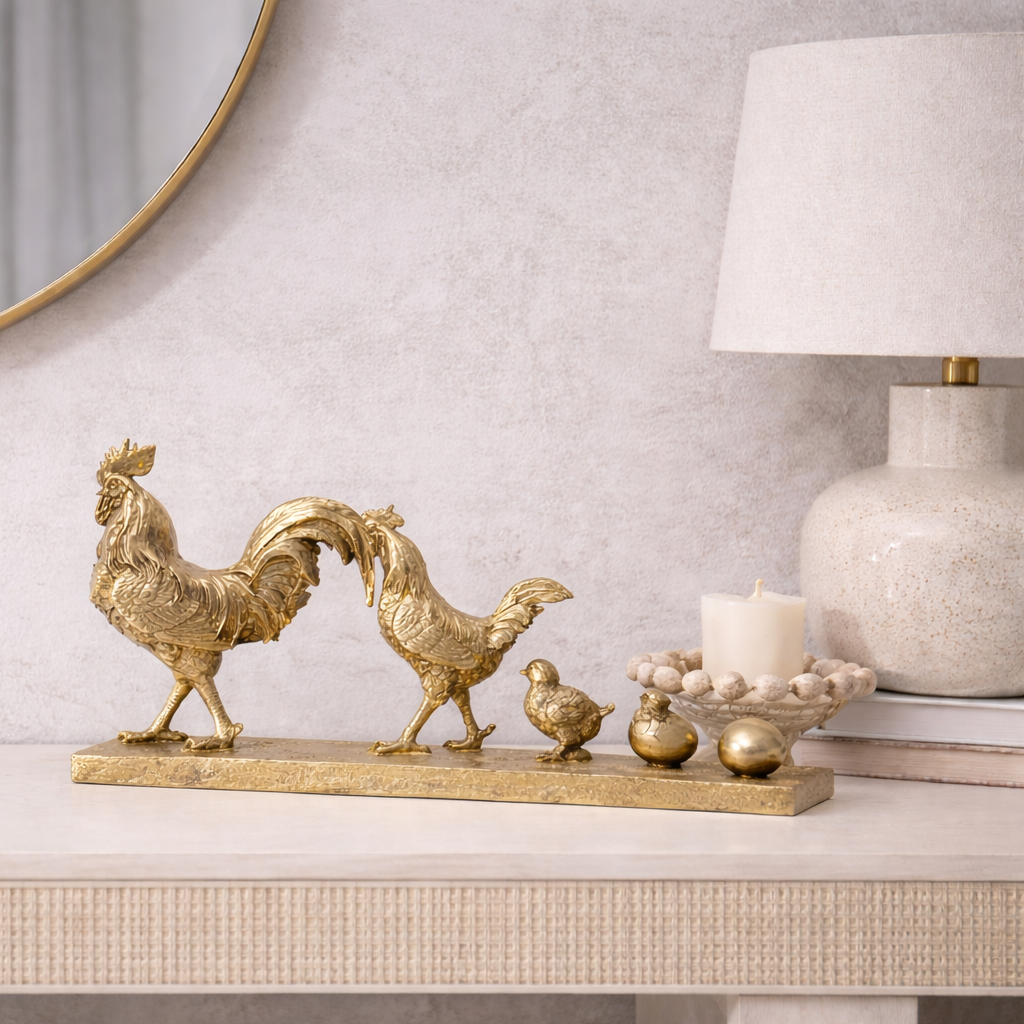 Scultura Oggetto Decorativo Famiglia di Galli Chicken Evolution Oro in Resina