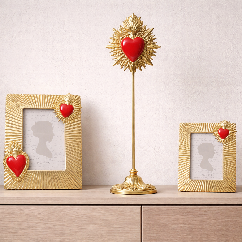 Oggetto Scultura Decorativa Flaming Heart 31cm Sacro Cuore Rosso e Oro