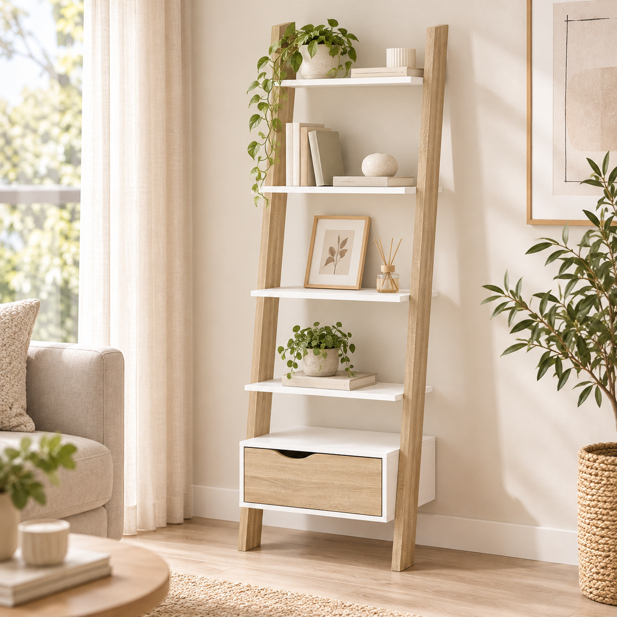 Libreria Oslo 4 Ripiani + 1 Cassetto 55x48x180 cm Bianco e Rovere