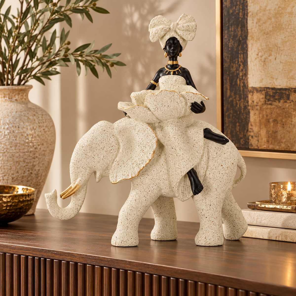 Scultura Etnica Donna Africana su Elefante 50x16x34 cm in Poliresina