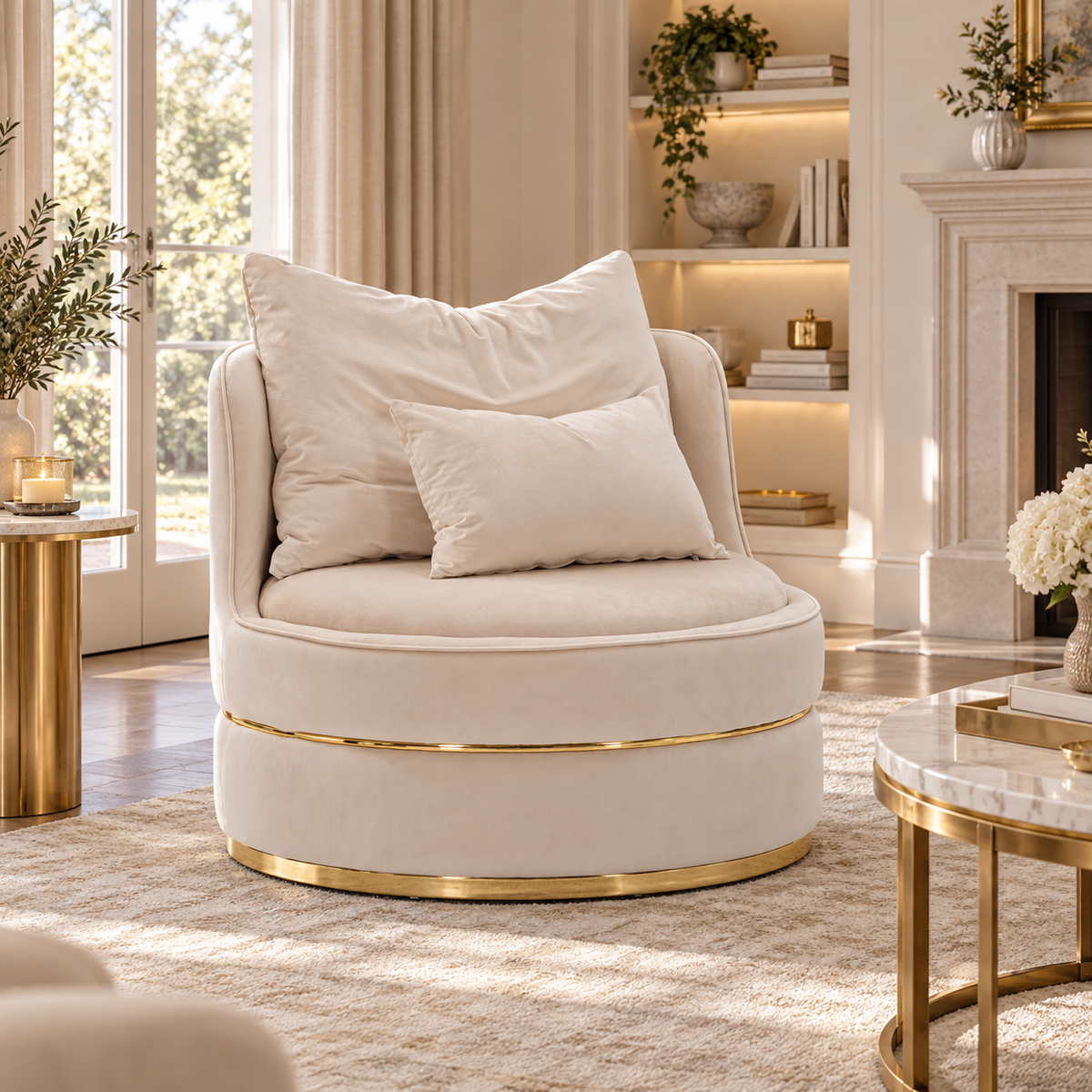 Poltrona Paris Space Crema e Oro Mauro Ferretti Ø84x72 cm con 2 Cuscini