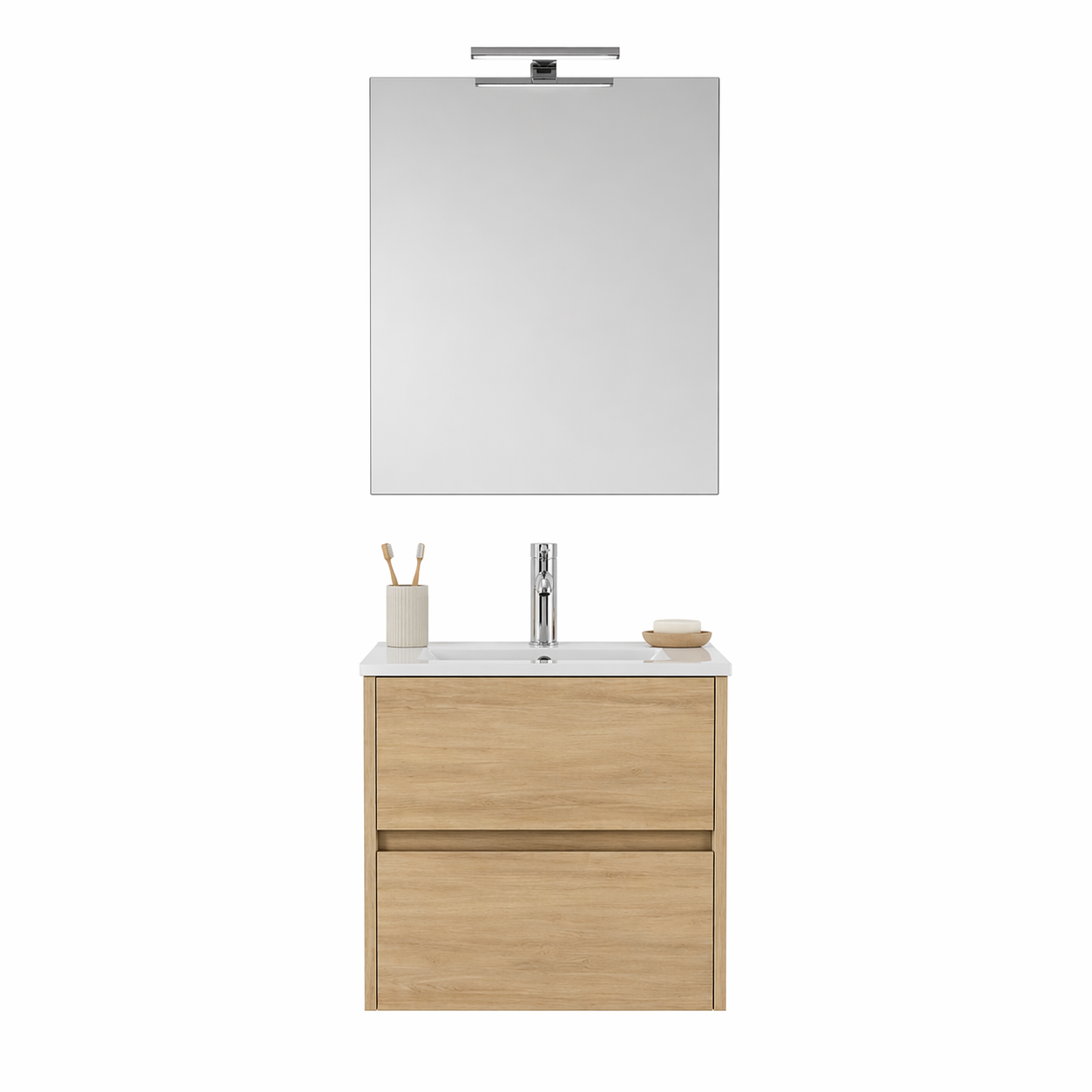 Mobile Bagno Sospeso Easy 2 Cassetti 60 cm Rovere Naturale con Specchio e LED