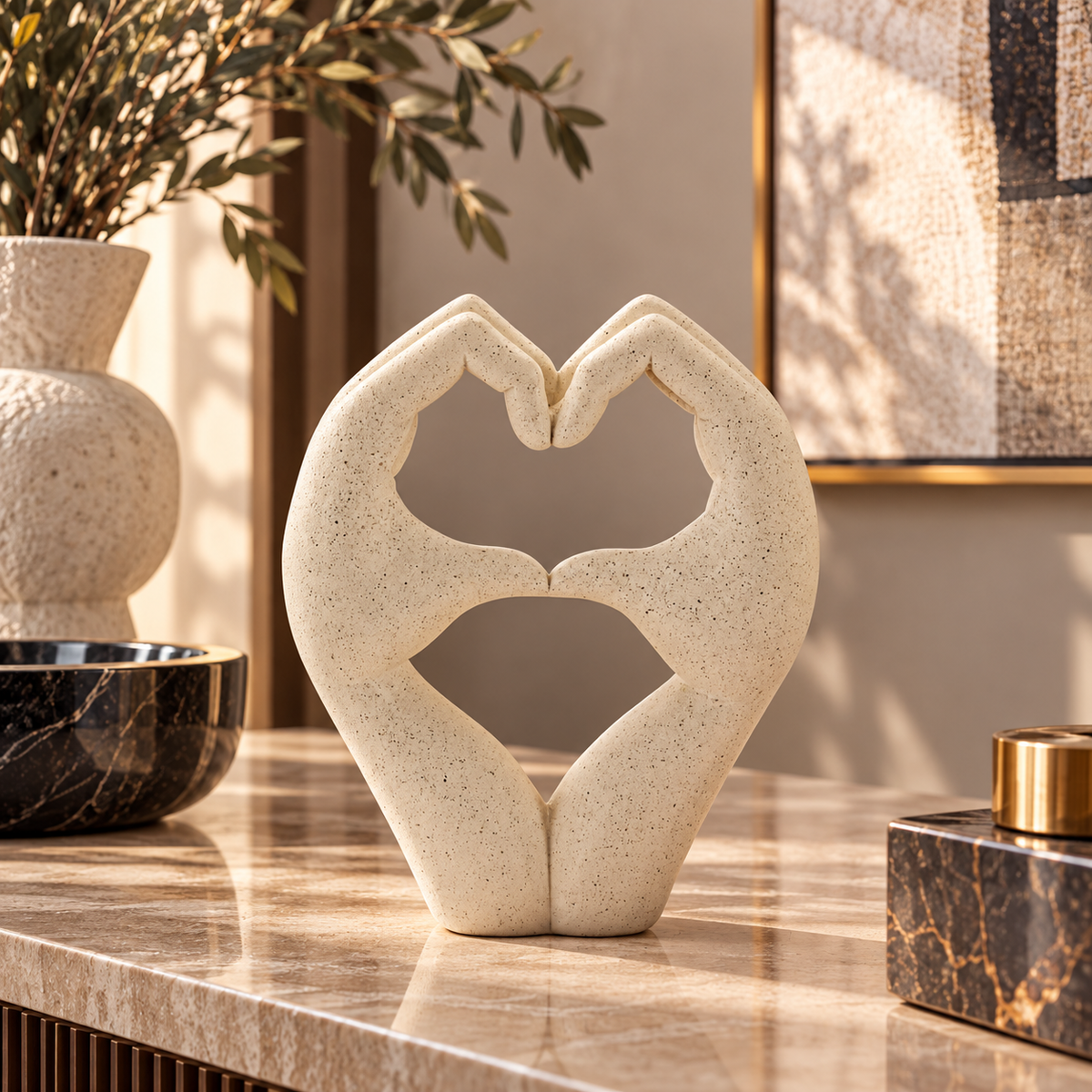 Scultura Love Stons Beige  16,5x7x20cm in Poliresina Mani a Cuore