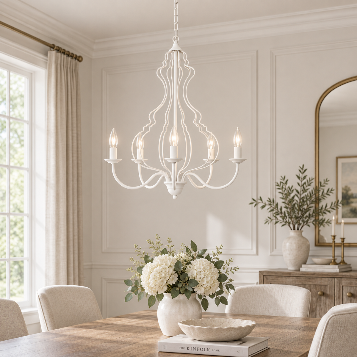 Lampadario Margaret Bianco Shabby Chic 5 Luci E14 con Altezza Regolabile