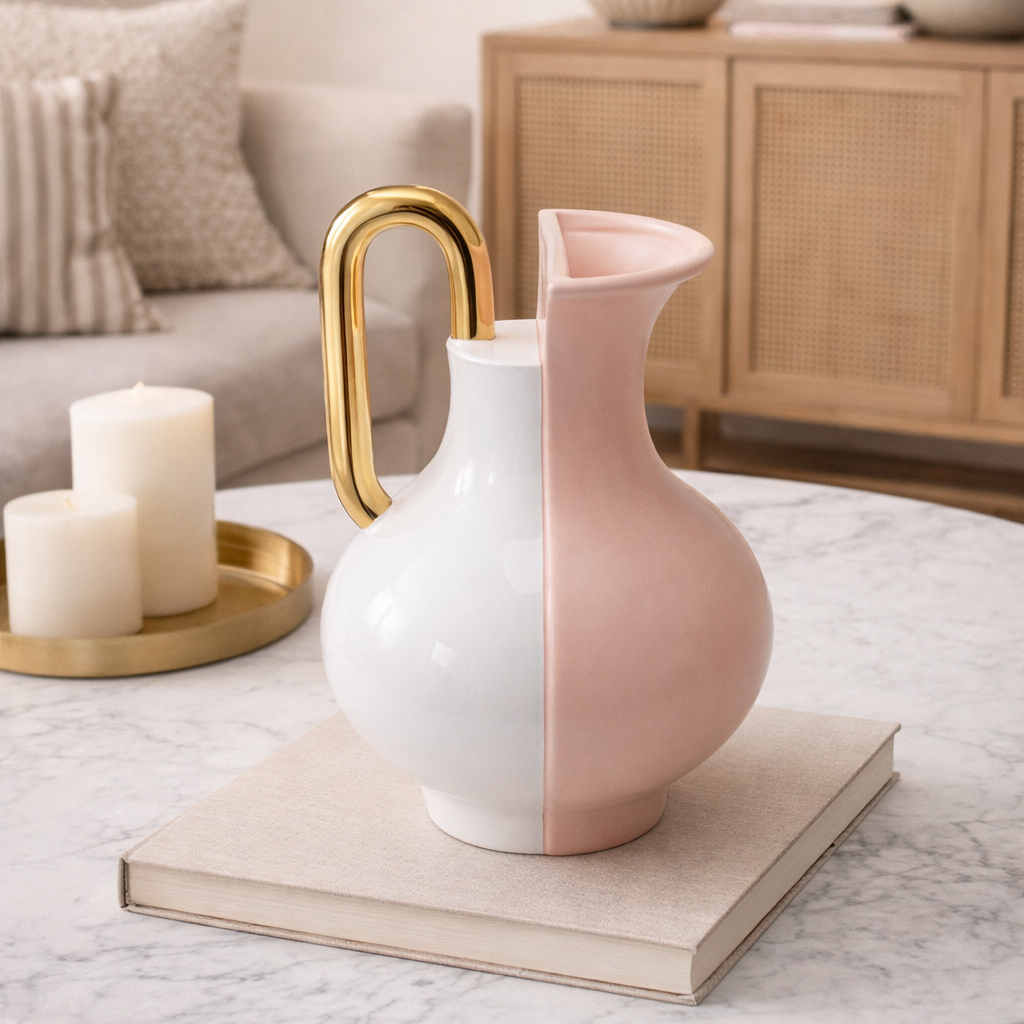 Vaso Decorativo Stage Bicolore Rosa e Bianco con Manico Oro 18cm