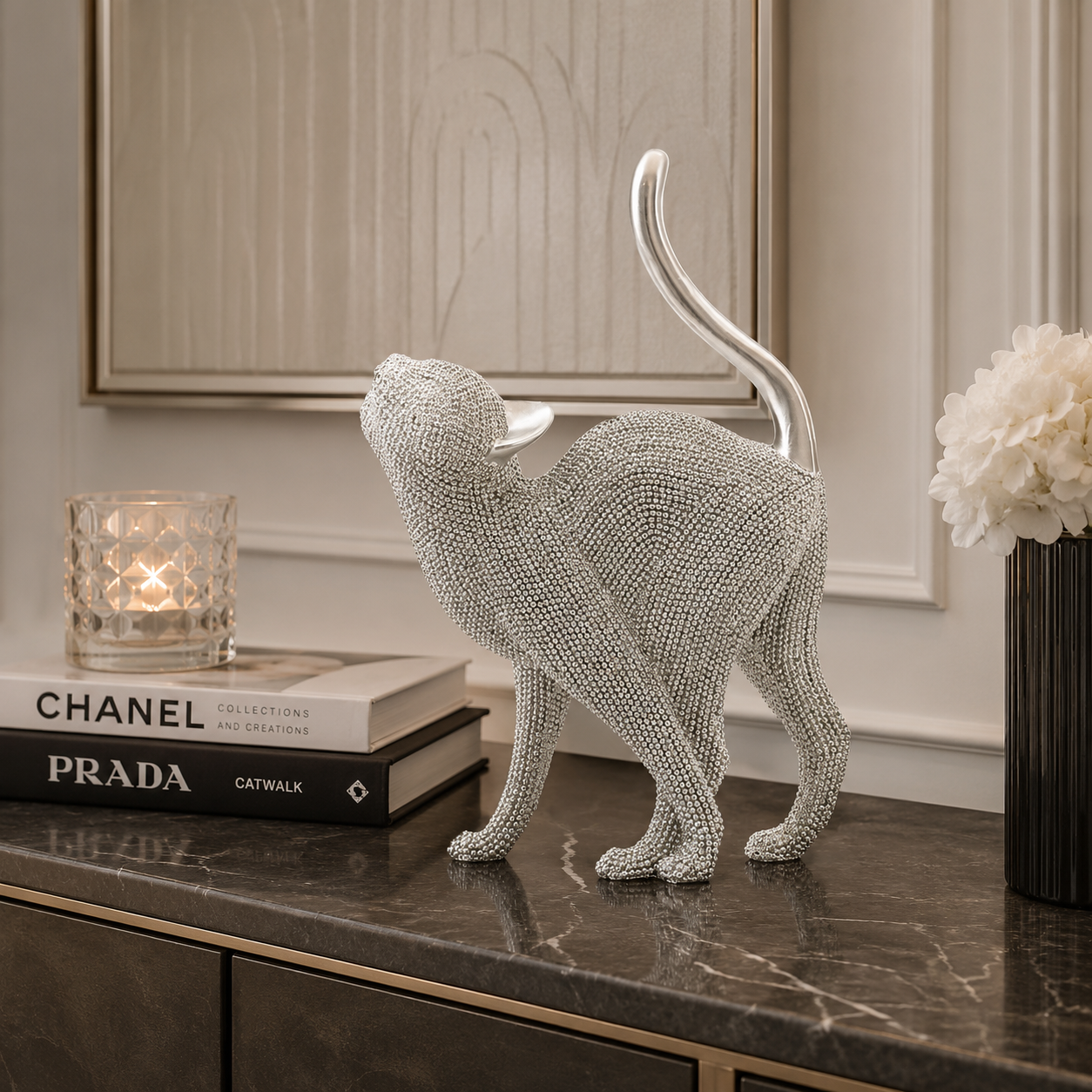 Statuetta Decorativa Gatto Sparky Argento 26 cm in Poliresina