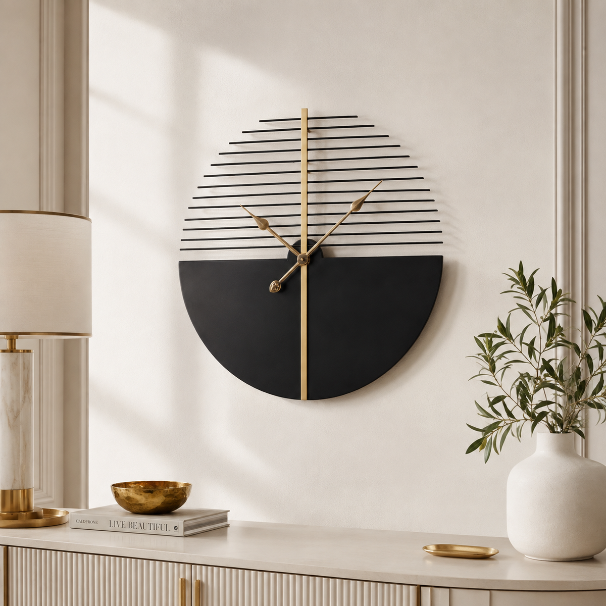 Orologio da Parete Rotondo in Metallo Nero Bianco e Oro Ø60 cm