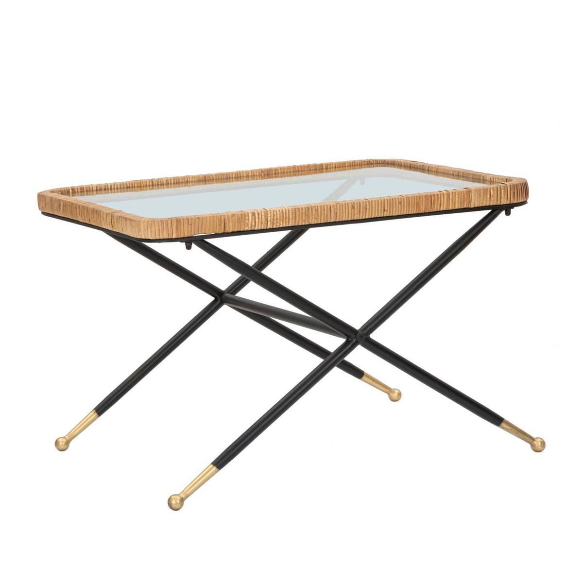 Tavolo da Caffè Saint Barth 70x50x45 cm in Metallo, Vetro e Rattan