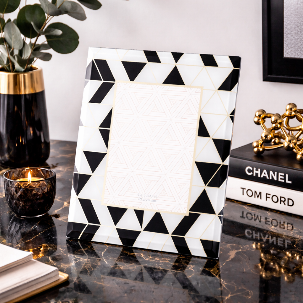 Cornice Portafoto Geometrica Stampa Foil In Vetro Bianco e Nero 10x15 CM