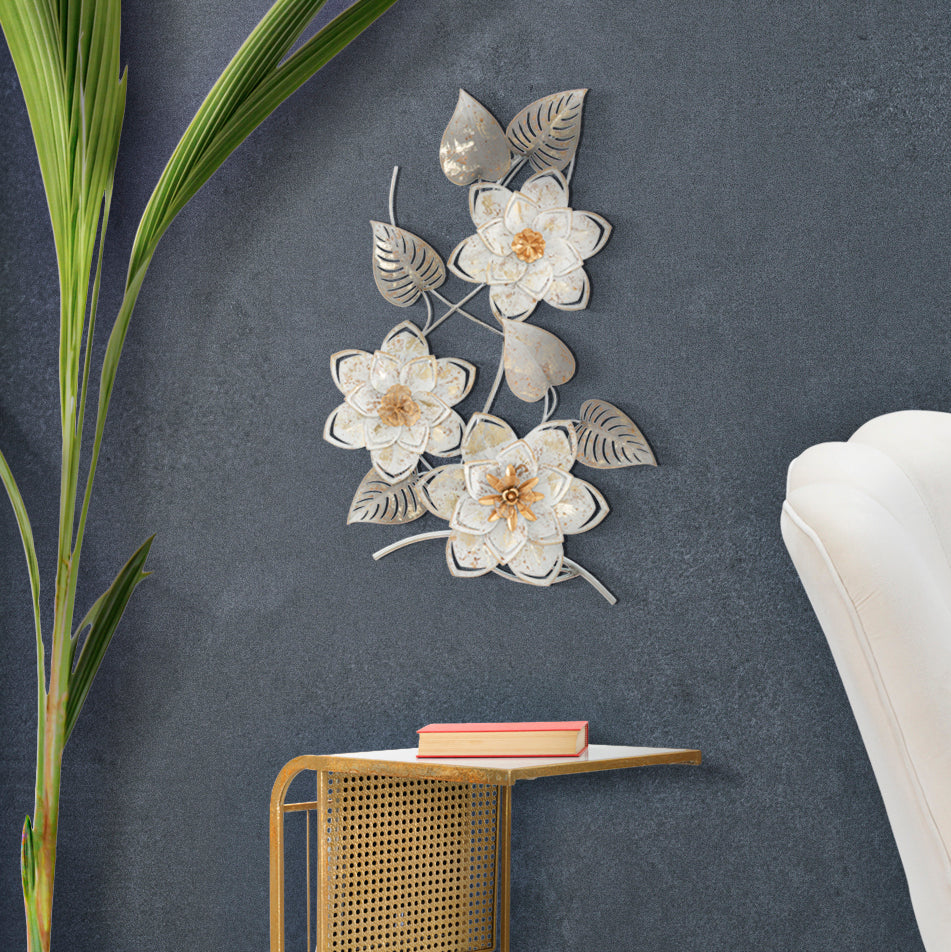 Pannello Decorativo da Parete Artic in Ferro 3D 39 x 67,5 cm con Fiori e Foglie