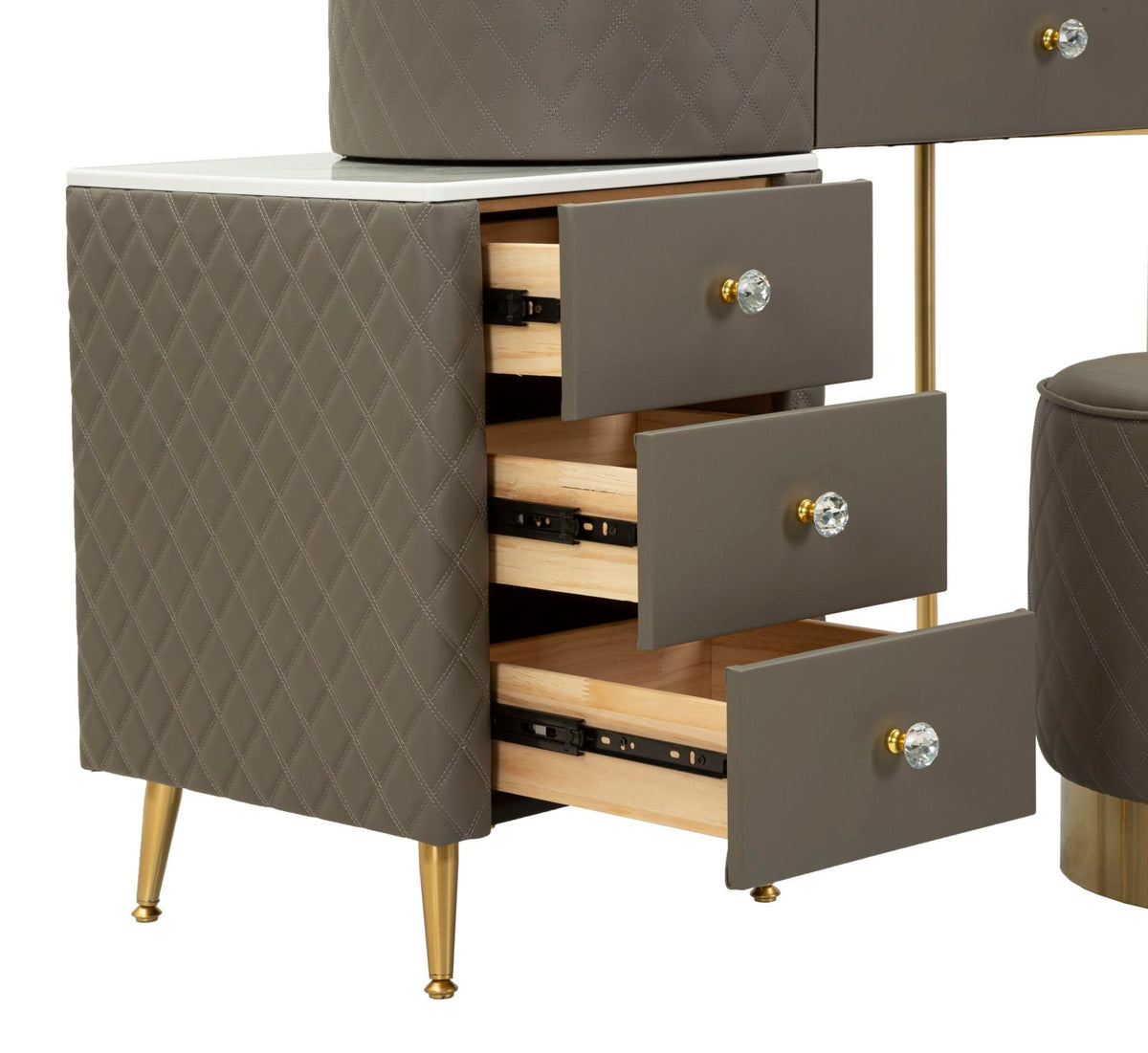 Toeletta Sharon Grigia con Puff 120x40x75 cm Simil Pelle Trapuntata e Oro