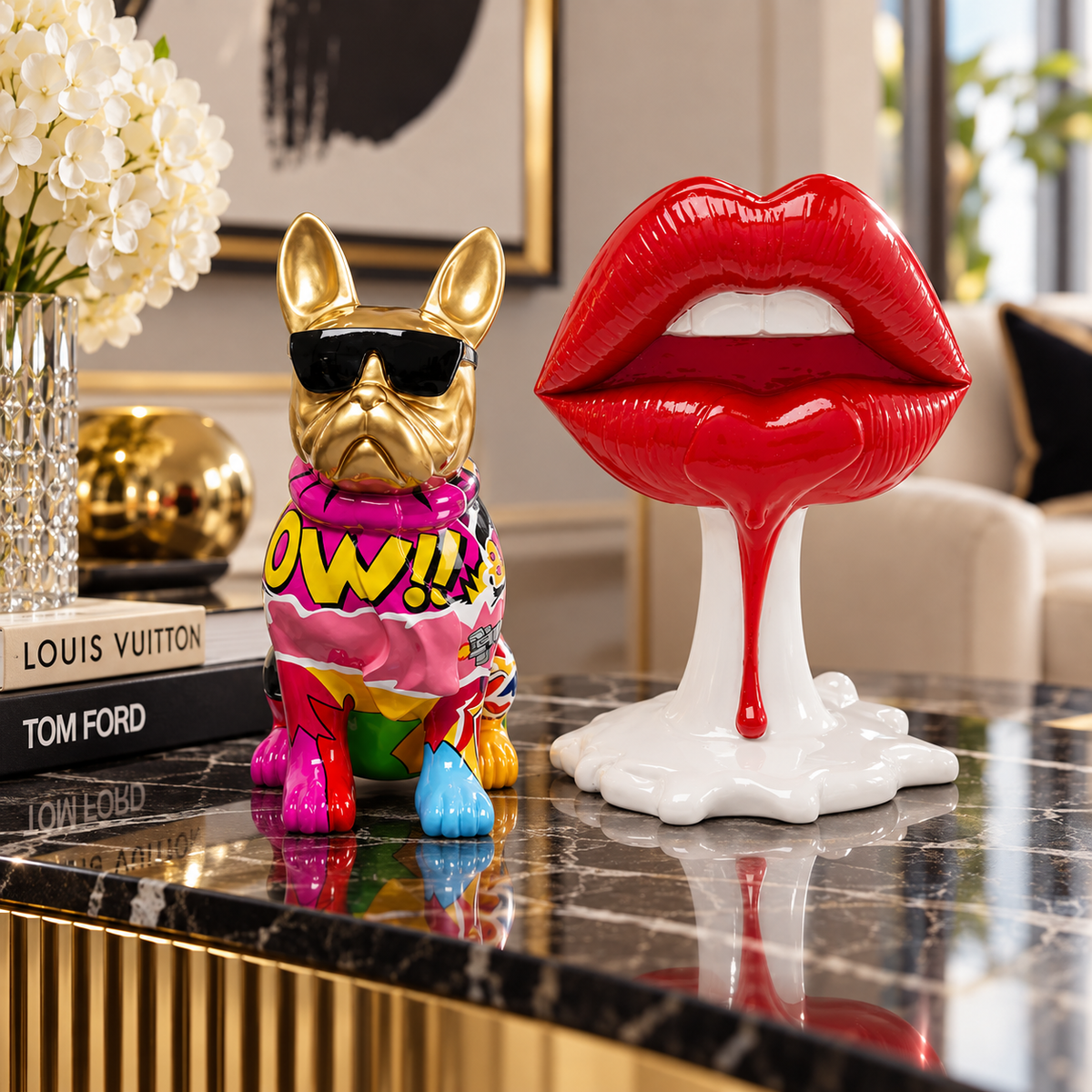 Set Decorativo Hot Lips & Graffiti Dog Sculture Pop Rosso, Multicolore e Oro