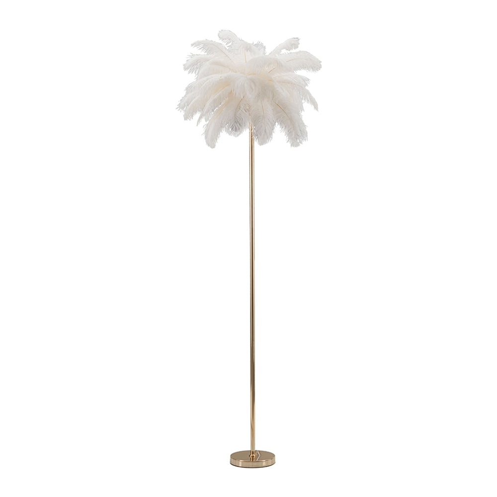 Lampada da Terra Palm Bianca Ø55x160 cm con Piume e Struttura Dorata