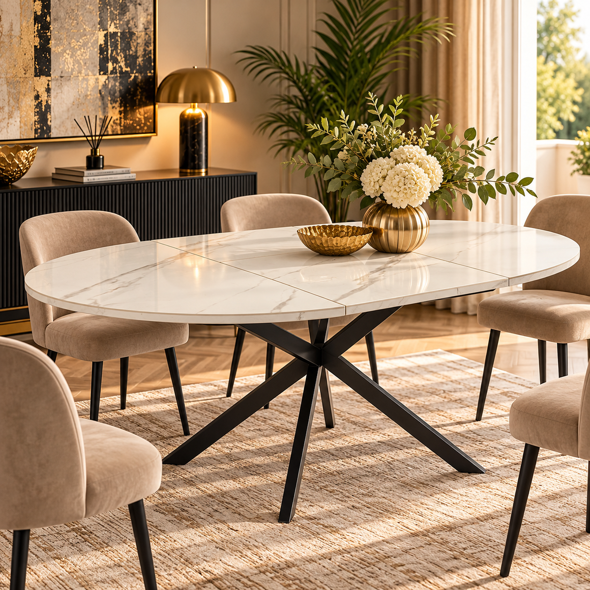 Tavolo da Pranzo Allungabile Martin Ø100-140x78 cm Ceramica Effetto Marmo e Metallo Nero