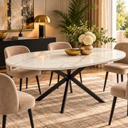 Tavolo da Pranzo Allungabile Martin Ø100-140x78 cm Ceramica Effetto Marmo e Metallo Nero