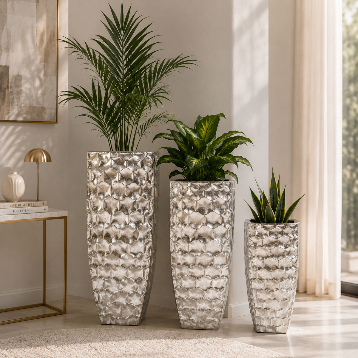 Set 3 Vasi Tris Argy in Metallo Argentato con Decoro in Rilievo