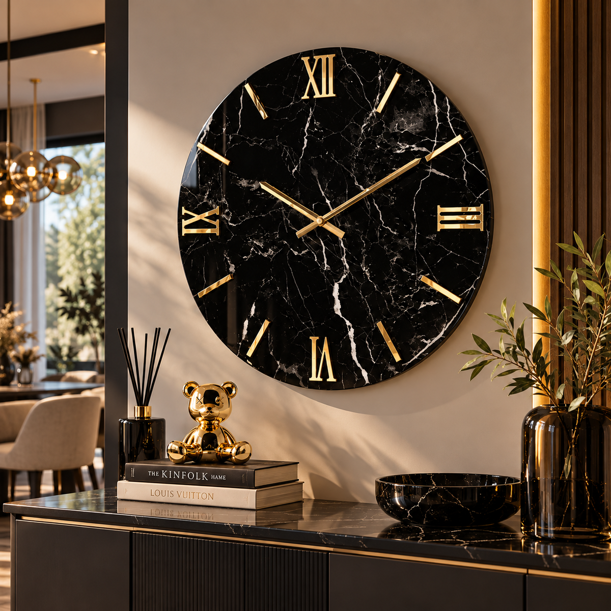 Orologio da Parete Marmo Black Ø80 cm Effetto Marmo Nero con Numeri Oro