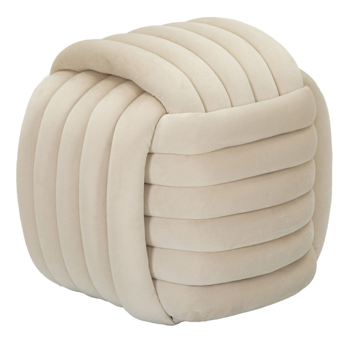 Pouf Annodato in Velluto Crema 45 x 45 cm Seduta Decorativa Elegante